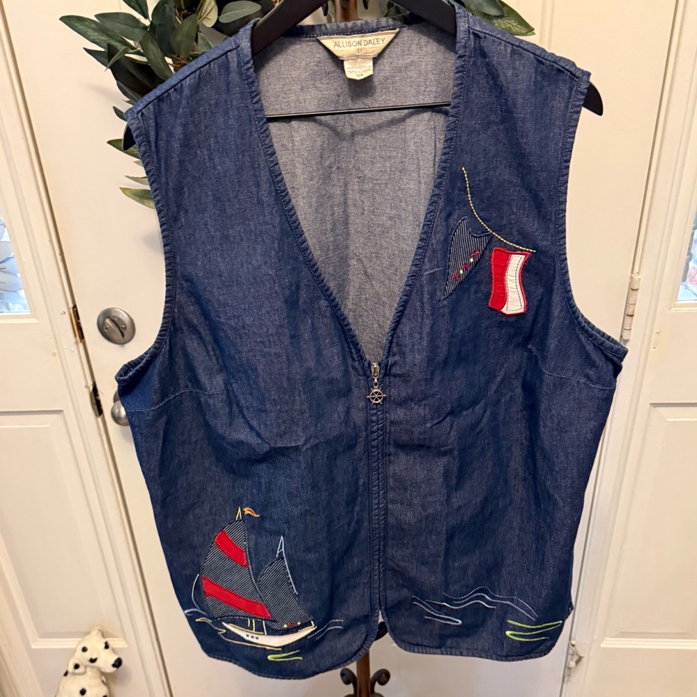 Vintage Allison Daley Embroidered Sailboat Chambray Full Zip Vest 18W